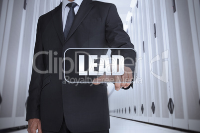 Businessman in a data center selecting label with lead