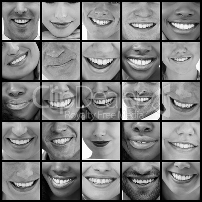 Collage of people smiling in black and white