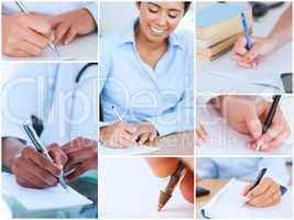 Collage of pictures showing women writing