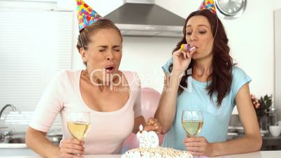 Woman blowing candle and celebrating her birthday with a friend