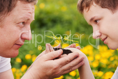 man and boy holding green plant in hands.