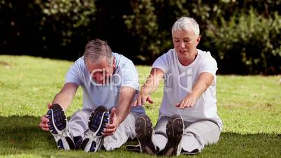 Mature couple stretching on the grass