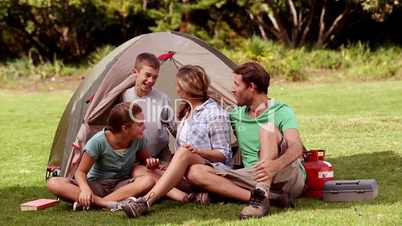 Family camping in a park