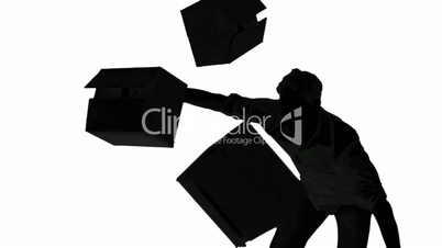 Silhouette of clumsy man dropping boxes on white background