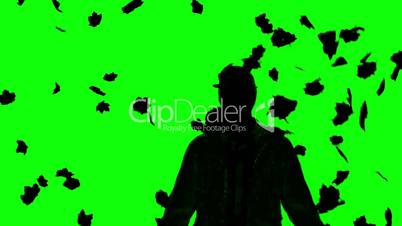 Silhouette of a man under falling leaves on green screen