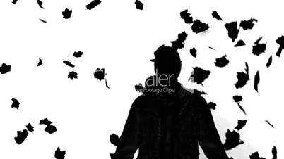 Silhouette of a man under falling leaves on white background