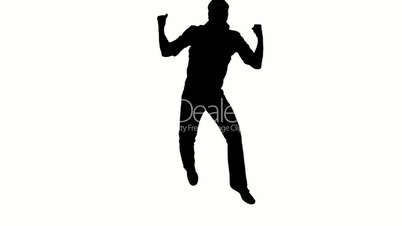 Silhouette of a jumping man celebrating something on white background