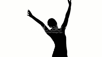 Silhouette of woman raising arms on white background