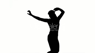Silhouette of woman jumping and raising arms on white background