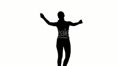 Silhouette of woman moving arms in the air on white background