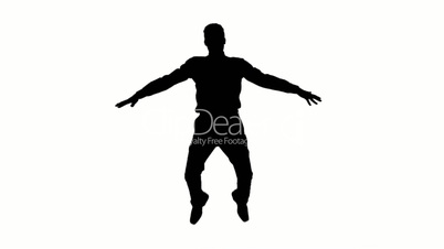 Silhouette of man jumping with legs raised on white background