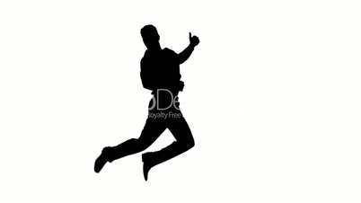 Silhouette of man jumping and giving thumb up on white background