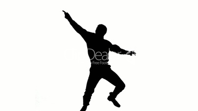 Silhouette of a man doing disco gesturing on white background