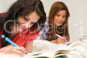 Young teenager girls studying on bed