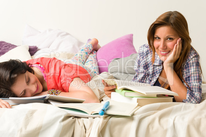 Caucasian girls studying at home