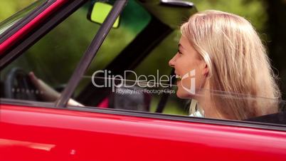 Cheerful woman in her car