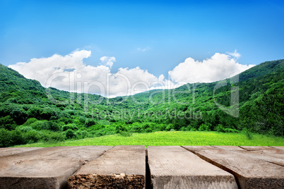 Mountains and wooden floor