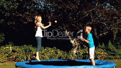 Cheerful siblings having fun with a ball on a trampoline