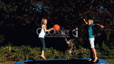 Cheerful siblings having fun with a basketball on a trampoline