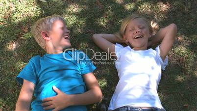 Cheerful siblings relaxing on the grass