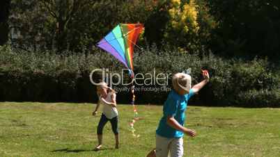 Siblings playing in a park with a kite