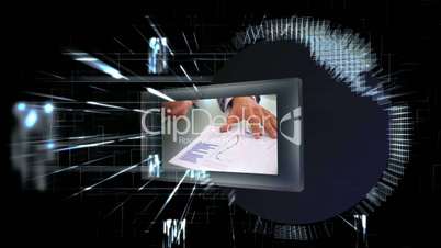 Business scenes appearing on futuristic screens
