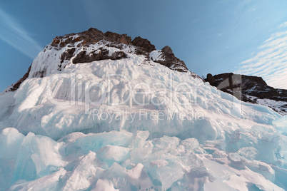 outdoor view of coastal cliffs at frozen baikal lake in winter