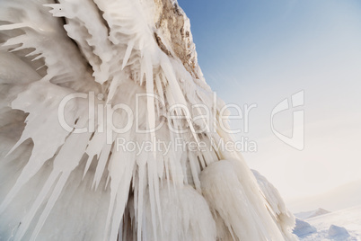 Beautiful ice of Lake Baikal with abstract icicle