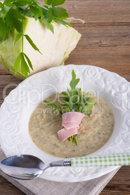 cabbage soup with arugula and prosciutto