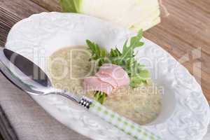 cabbage soup with arugula and prosciutto