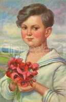 Junge im Matrosenanzug mit Mohnblumen
