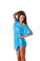 Portrait of pretty girl posing in blue nightdress
