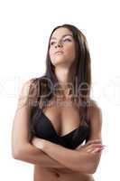Portrait of pretty brunette posing in black bra