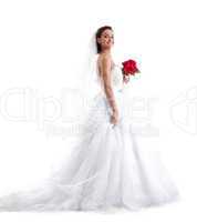Stylish smiling bride posing with red bouquet