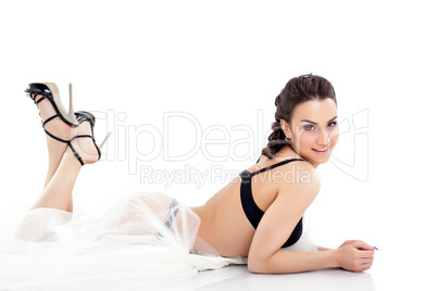 Image of attractive bride posing in black lingerie