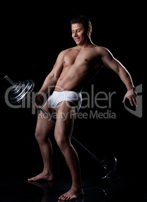 Image of joyful heavyweight posing sitting on rod