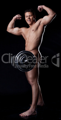 Smiling muscular nude heavyweight posing with rod