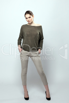 Adorable slim woman posing in casual clothing