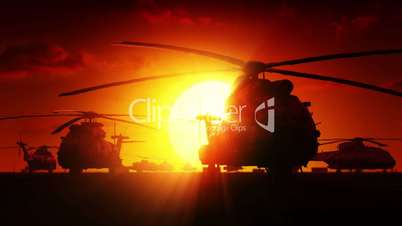 Military helicopters at sunrise