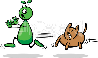 alien and dog cartoon illustration