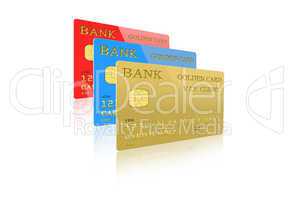 three credit cards isolated on white background