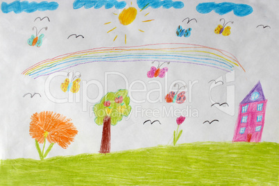 Children's drawing of house, flowers and rainbow