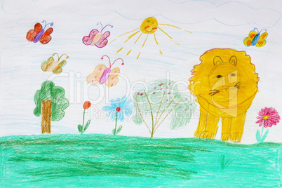 Children's drawing with butterflies and lion