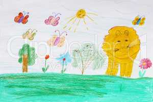 Children's drawing with butterflies and lion