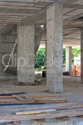 Interior of construction site with concrete reinforcement rods o