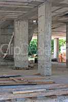 Interior of construction site with concrete reinforcement rods o