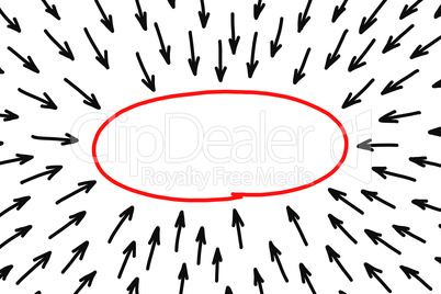Blank red oval shape with many black arrows