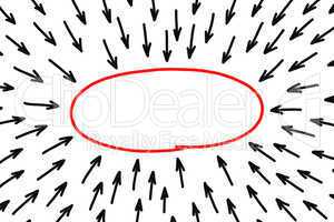 Blank red oval shape with many black arrows