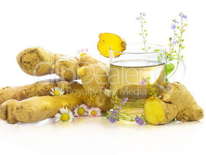 Tasty herbal tea of fresh ginger and herbs