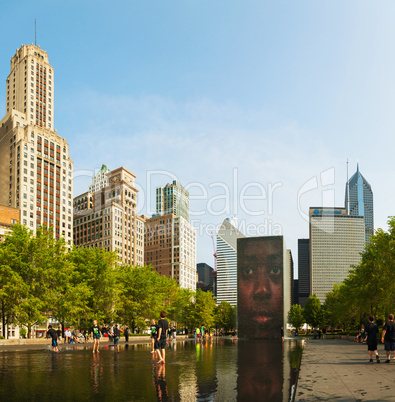 Cityscape of Chicago with Crown Fountain